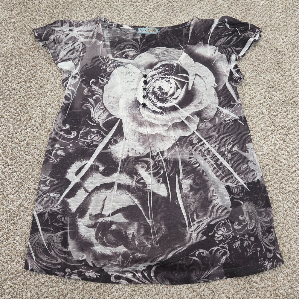 Unity World Wear‎ Floral Rose Blouse Tunic Cap Sleeves Sweetheart Whimsigoth M/L